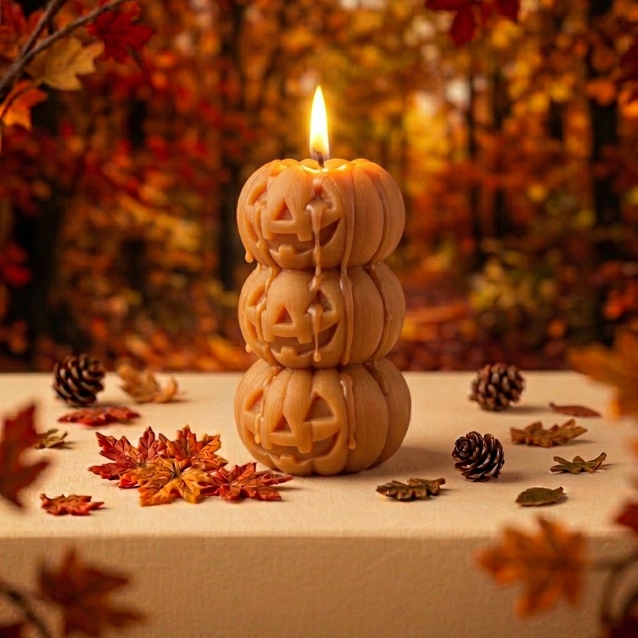Dramatisch brennende, gestapelte Jack-o’-Lantern-Kürbiskerze in Orange. Geschmolzenes Wachs läuft sichtbar die geschnitzten Gesichter herab. Platziert in einem unscharfen, tiefen Herbstwald mit dichtem, farbenfrohem Laub.