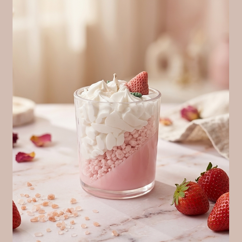 Produktfoto der Sojawachskerze Erdbeerwölkchen mit cremiger Sahnehaube, platziert auf einem hellen Tisch mit frischen Erdbeeren und Dekoelementen für eine gemütliche Atmosphäre.