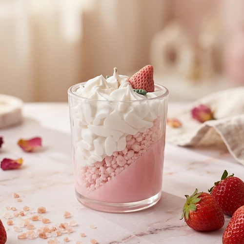 Produktfoto der Sojawachskerze Erdbeerwölkchen mit cremiger Sahnehaube, platziert auf einem hellen Tisch mit frischen Erdbeeren und Dekoelementen für eine gemütliche Atmosphäre.