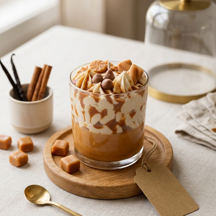 Cremige Sweet Caramel Dessert-Kerze aus Sojawachs auf Holzuntersetzer mit Deko neben Fenster
