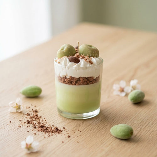Handgemachte Cupcake Kerze Apfel-Zimt-Crumble im klaren Glas, die wie ein Schicht-Dessert aufgebaut ist. Oben eine detailgetreue Sahnehaube aus Wachs, verziert mit Wachs-Äpfeln, Wachs-Mandeln und zimtigen Knusperstreuseln. Darunter die sichtbaren Schichten aus grünem Wachs und Knusperkrümeln. Professionelles Produktfoto vor einem hellen, einladenden Hintergrund.