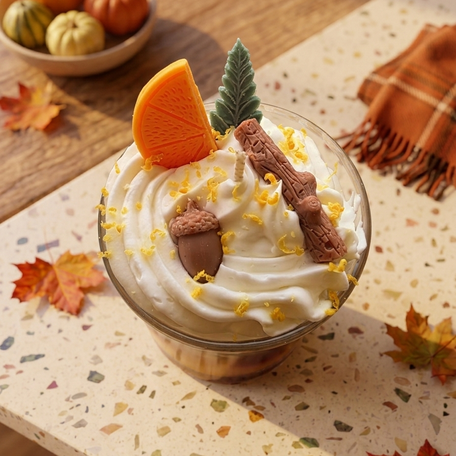 Detailaufnahme der cremigen Wachs-Sahnehaube einer Duftkerze mit handgefertigten Wachs-Dekorationen: eine Orangenscheibe, ein Tannenbaum, eine Eichel und ein Holzscheit, bestreut mit Orangenschalen-Abrieb, auf Terrazzo-Untergrund.