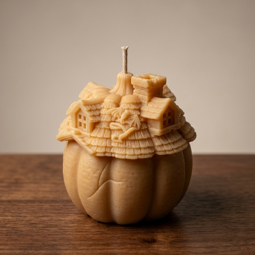 Eine beige-braune Kerze in Form eines Kürbishauses steht auf einem dunklen Holzbrett. Der Hintergrund ist neutral und hellbeige. Die Kerze zeigt feine Schnitzereien.