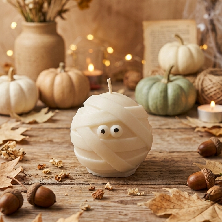 Handgemachte Sojawachskerze in Form einer weißen Mumie mit Wackelaugen im herbstlichen Setting.