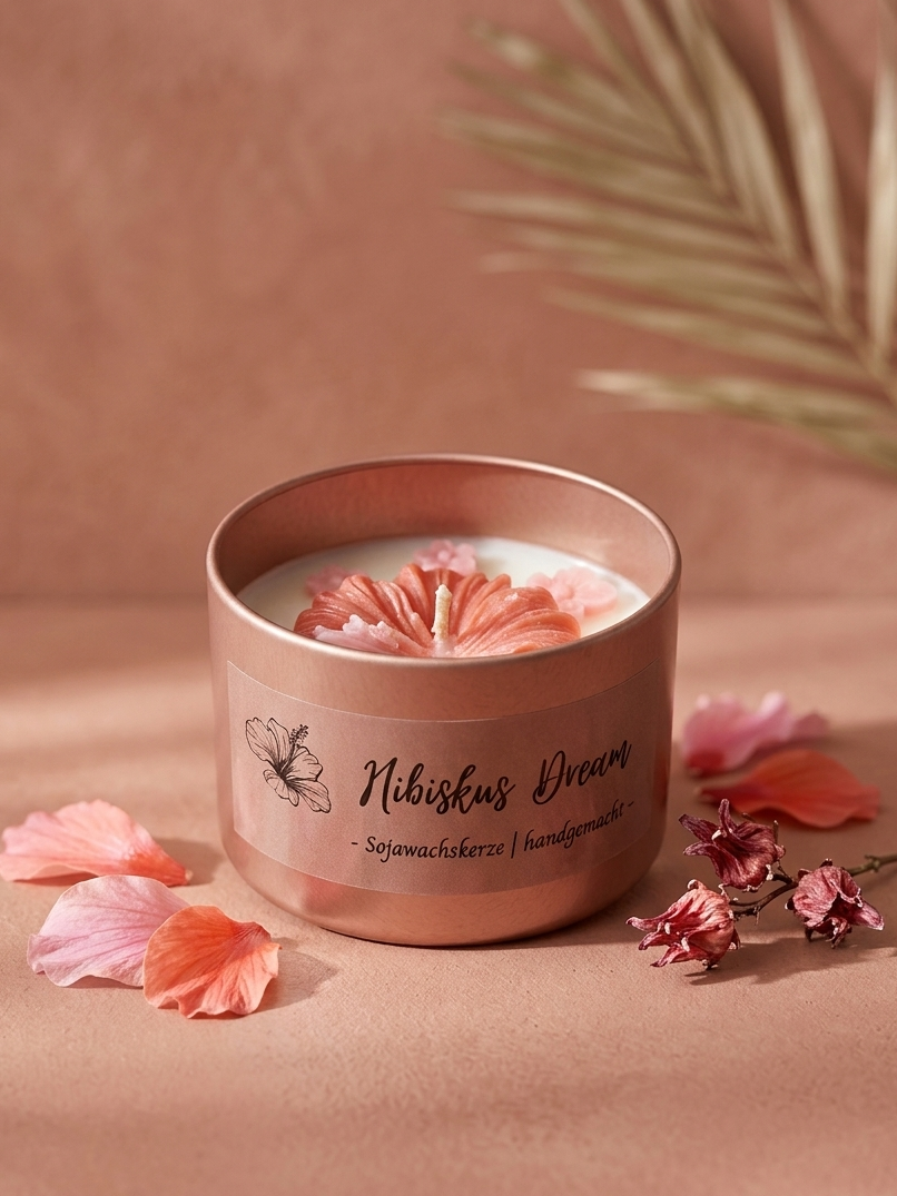 Handgemachte Sojawachskerze Hibiskus Dream in einer eleganten roségoldenen Metalldose mit floralem Etikett. Im weißen Wachs ist eine kunstvoll geformte Hibiskusblüte in Coral und Pink eingebettet. Professionelle Produktfotografie auf hellem, strukturiertem Untergrund.