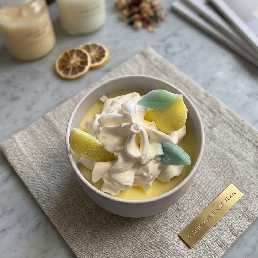 Handgefertigte Schmuckdosenkerze Zitronentraum mit weißem Sojawachs-Frosting, verziert mit gelben Wachs-Zitronenscheiben und grünen Blättern auf einem Leinenservietten-Untergrund.