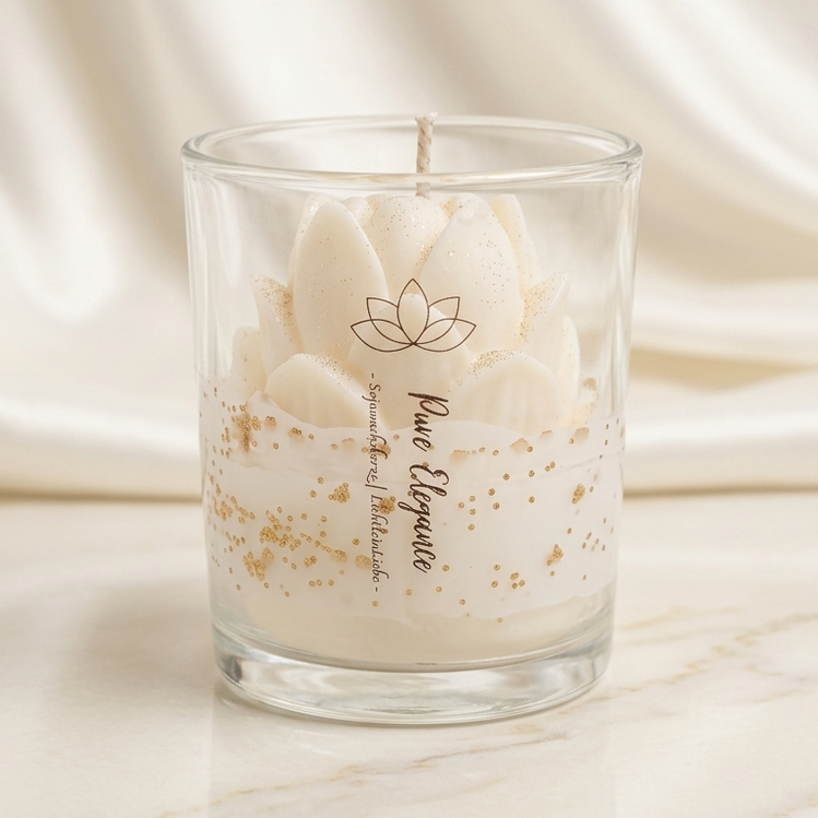 Handgegossene Pure Elegance Sojawachskerze im Glas mit weißer Lotusblüte und Goldglitzer