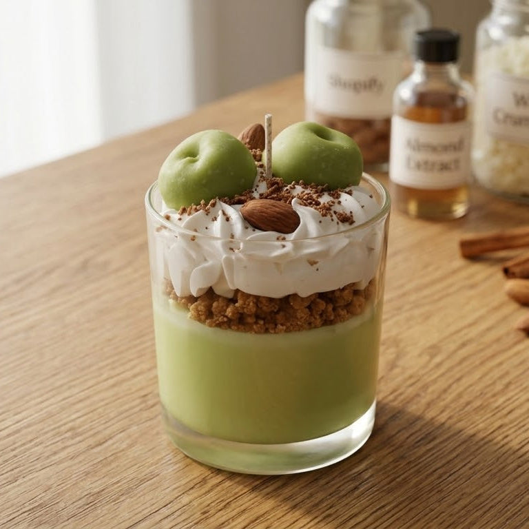 Stimmungsvolles Foto der Apfel-Zimt-Crumble Cupcake Kerze auf einer natürlichen Holzoberfläche. Neben dem Glas sind frische Äpfel, eine Zimtstange und eine kleine Schüssel mit Krümeln arrangiert, um das Dufterlebnis von frischem Apfelkuchen visuell zu unterstreichen. Das warme, weiche Licht erzeugt eine gemütliche Atmosphäre.