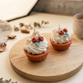 Eine täuschend echte Cupcake-Kerze mit weißem Wachs-Frosting, zwei roten Kirschen und einem grünen Blatt, präsentiert auf einer hellen Holzscheibe in warmem Licht.