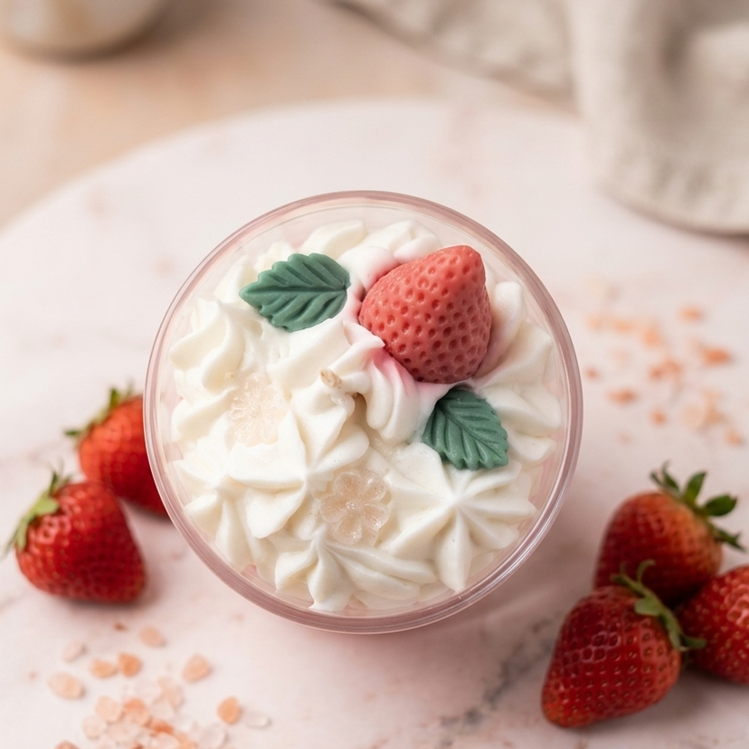 Draufsicht auf die handgemachte Kerze Erdbeerwölkchen, die eine detaillierte weiße Sahnehaube mit Erdbeer- und Blattverzierungen zeigt, umgeben von echten Erdbeeren.
