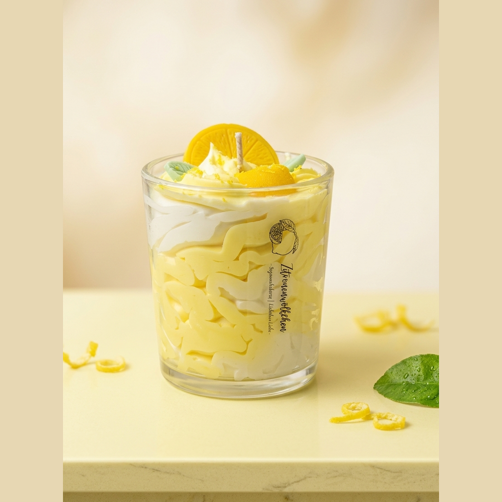 Zitronenwölkchen Sojawachskerze im Glas, Zitronen-Dessert-Kerze mit Zitronenscheibe, Sahnehaube und Blättern, Produktfoto auf hellem Hintergrund.