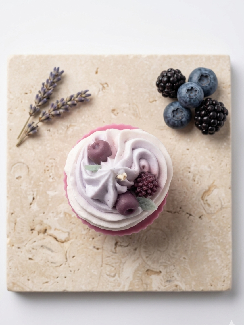 Professionell bearbeitetes Produktfoto einer Spicy Berry Cupcake Kerze auf einer hellen Steinplatte, dekoriert mit Lavendelzweigen und frischen Beeren vor weißem Hintergrund.