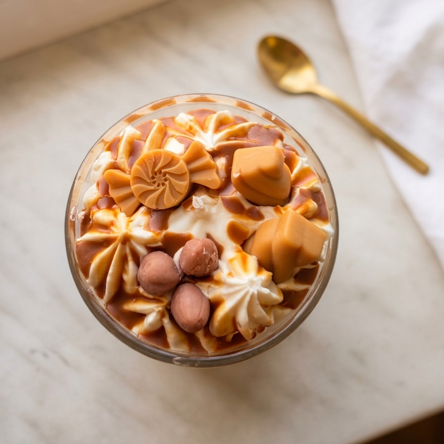 Detailansicht Draufsicht der handgemachten Sweet Caramel Kerze mit Karamell-Wachs-Details und Sahnehaube
