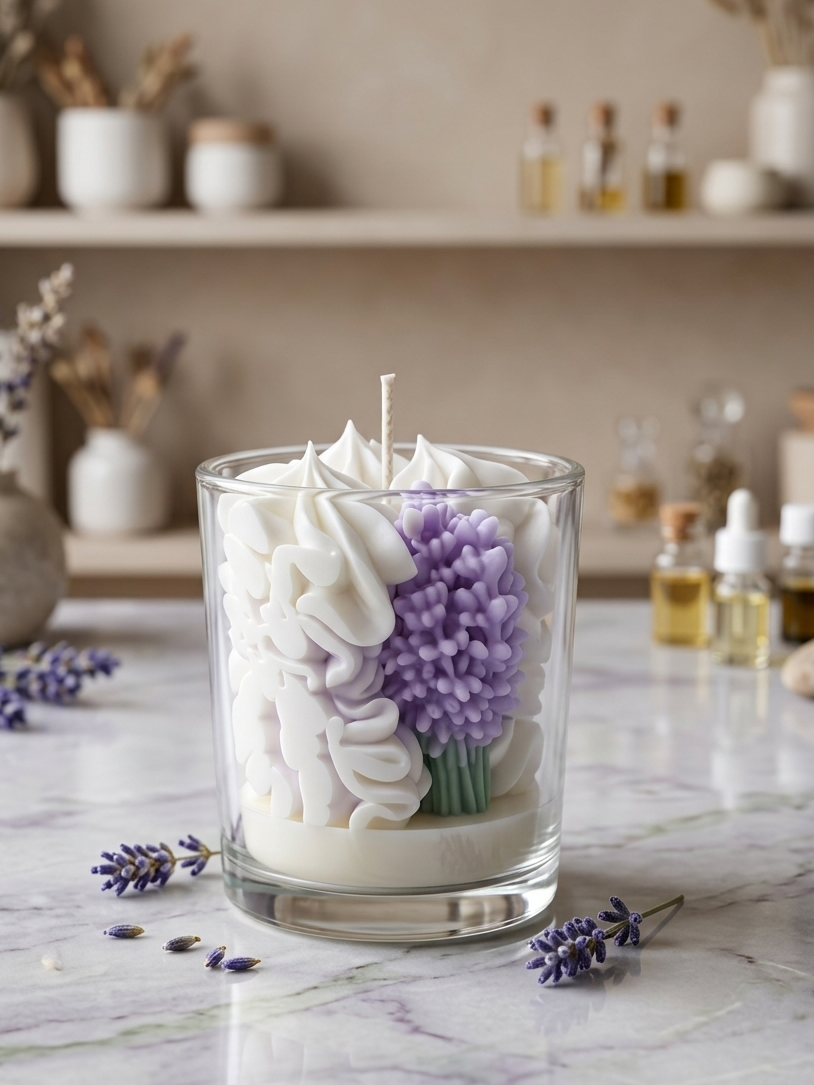 Detailansicht einer Lavendel Wölkchen handgemachten Kerze in einem eleganten klaren Glas mit aufwendiger Sojawachs-Lavendelblüten-Dekoration, positioniert auf einem Marmortisch in einem hellen, aufgeräumten Wohnambiente.
