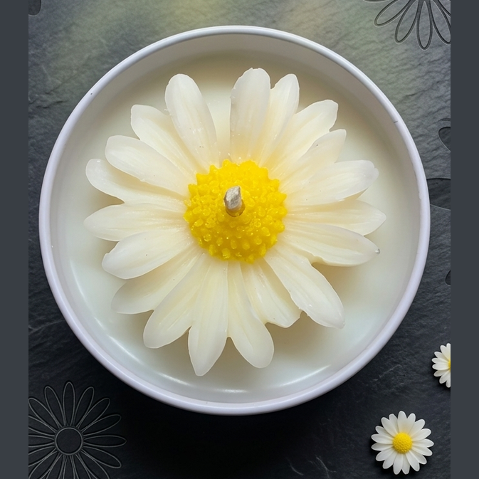 Detailaufnahme der Wachsblüte „Daisy Dream“ von oben, Fokus auf die gelbe Blütenmitte und die handgeformten weißen Blätter.