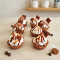 Sechs handgefertigte Schokoladen-Cupcake-Kerzen aus Sojawachs mit realistischer Sahnehaube, Schokoriegel-Deko und Schokosauce auf einem hellen Untergrund.