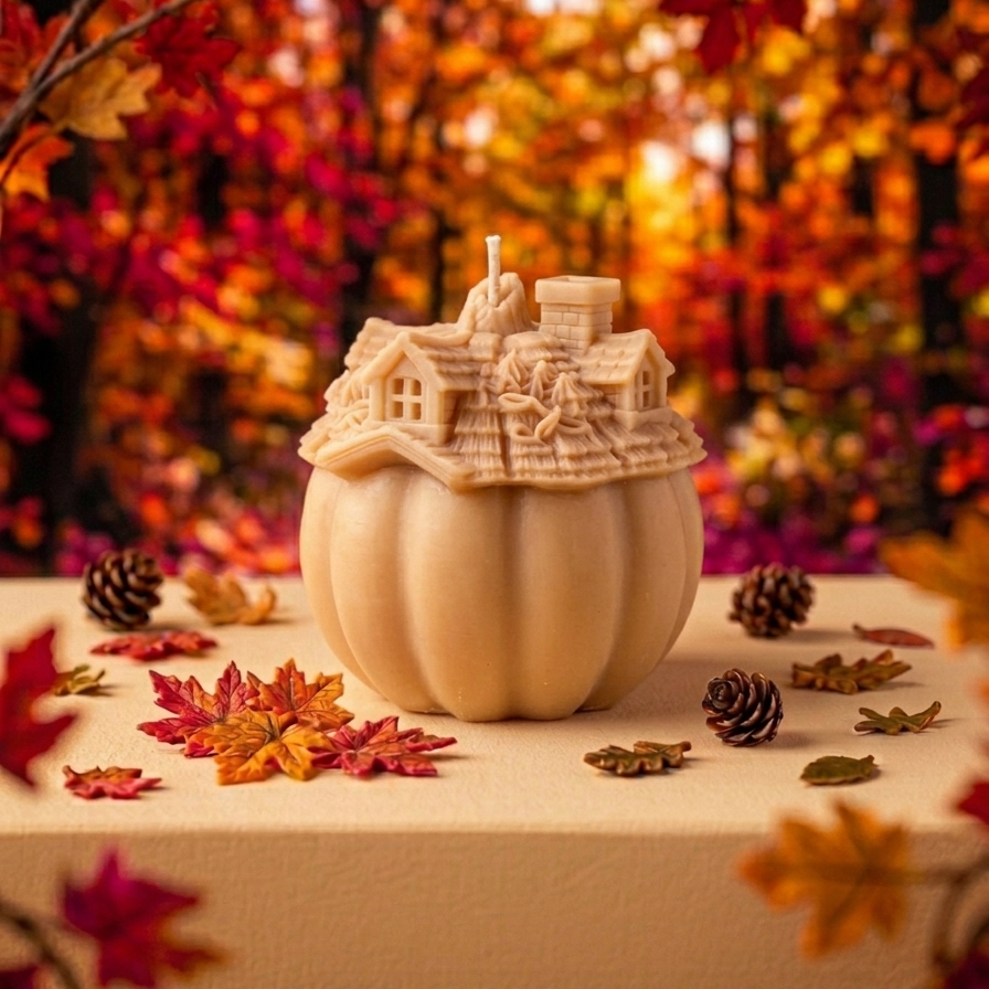 Eine beige-braune, detailreich geschnitzte Kerze in Form eines Kürbishauses steht auf einem cremefarbenen Sockel. Sie ist von Herbstlaub und Tannenzapfen umgeben. Der Hintergrund zeigt einen malerischen Herbstwald.