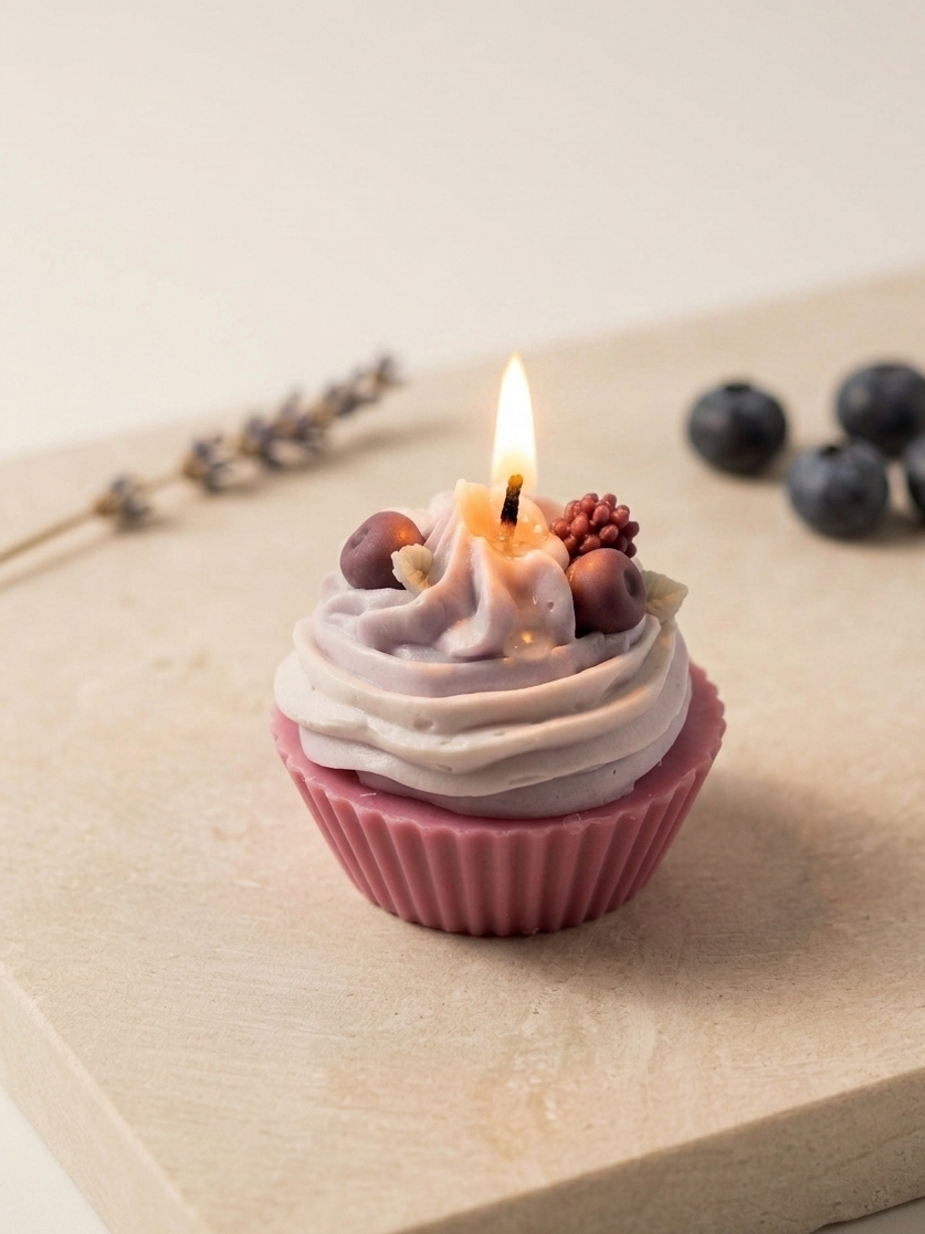 Brennende Spicy Berry Cupcake Kerze auf einer hellen Steinplatte, dekoriert mit Lavendel und Beeren, für eine stimmungsvolle Produktpräsentation.