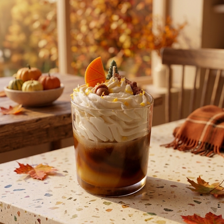 Handgegossene Sojawachs-Duftkerze in Dessert-Optik (Eiskaffee) auf einem Terrazzo-Tisch in einer gemütlichen, herbstlichen Wohnküche mit Kürbis-Deko, Ahornblättern und Fensterblick auf buntes Laub.