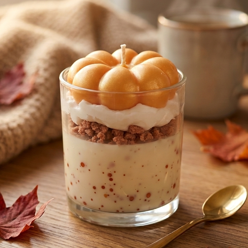 Handgegossene Sojawachskerze Pumpkin Crumble im Dessert-Look mit Kürbiskuchen-Duft von LichtleinLiebe