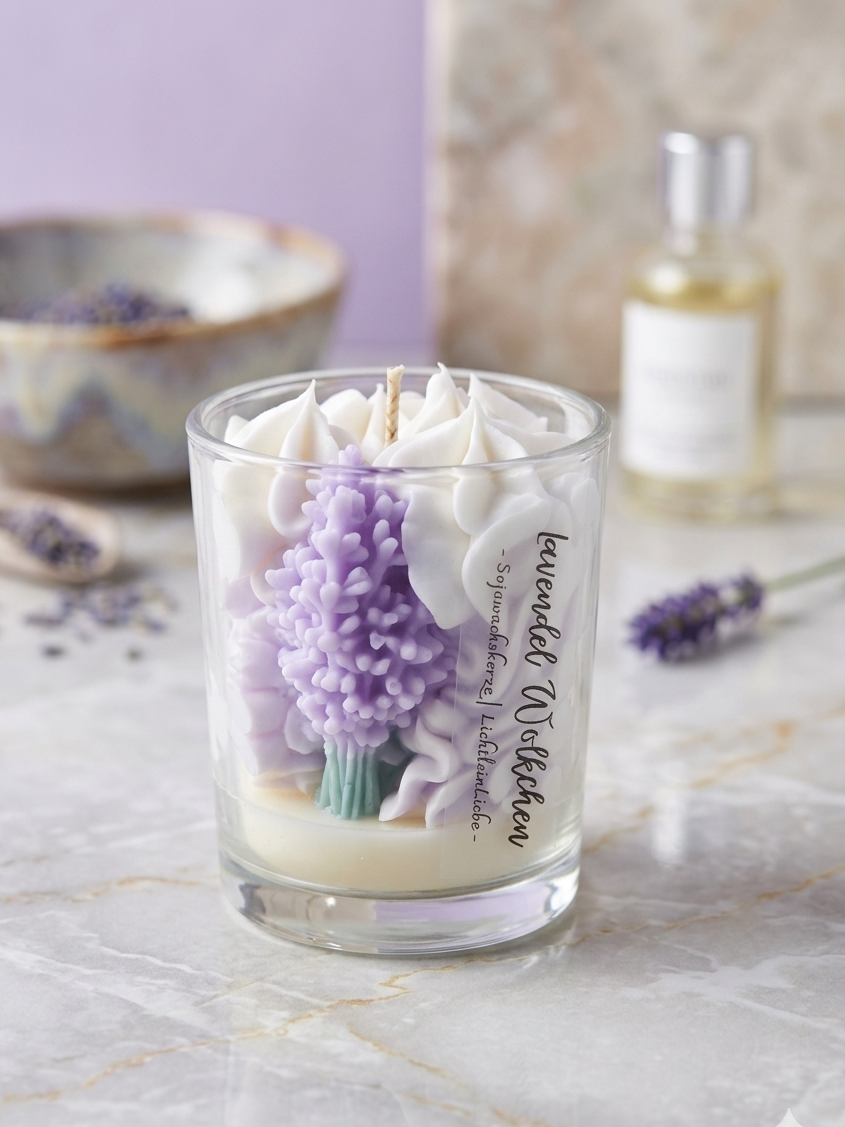 Nahaufnahme einer handgefertigten Lavendel Wölkchen Duftkerze in einem klaren Glas, dekoriert mit einer filigranen Sojawachs-Lavendelblüte, serviert auf einer Marmorplatte neben getrocknetem Lavendel und einem handgetöpferten Schälchen.