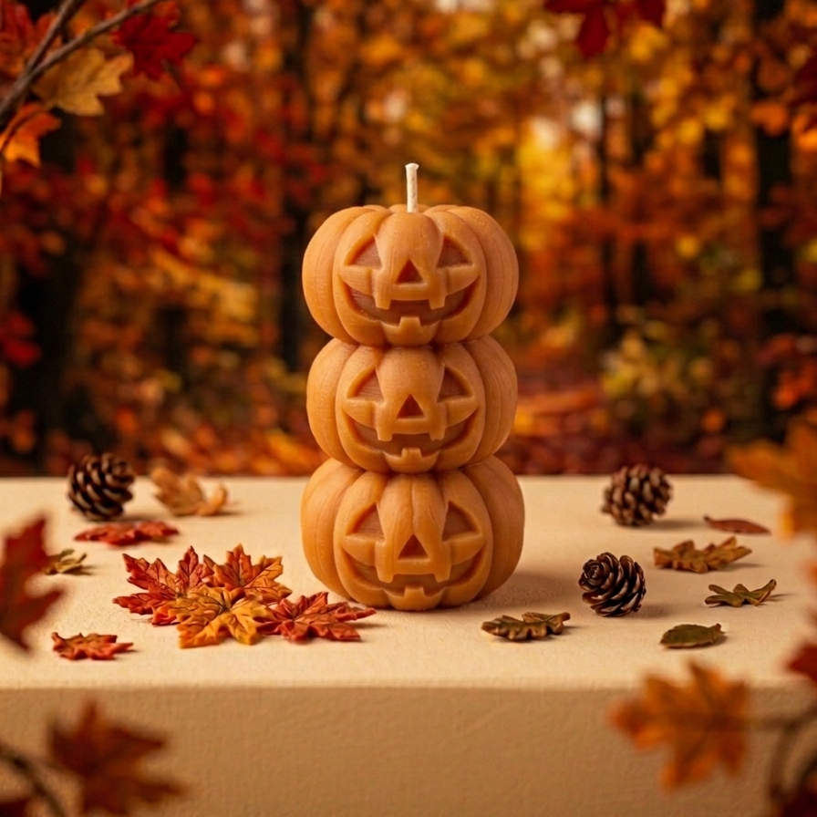 Stapel aus drei orangefarbenen geschnitzten Jack-o’-Lantern-Kürbiskerzen auf einem Holzbrett. Umgeben von Herbstlaub, Tannenzapfen und Holzspänen. Im unscharfen Hintergrund ein cremefarbener Strickstapel und eine Glasglocke.