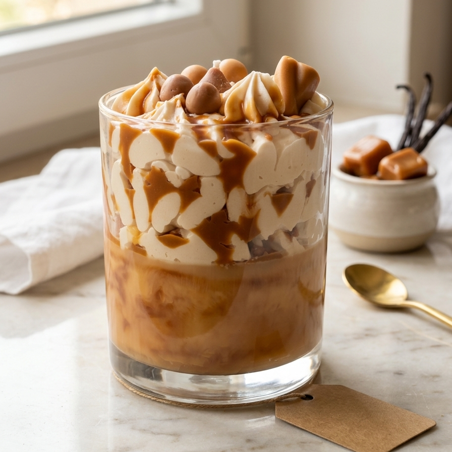Nahaufnahme der handgegossenen Sweet Caramel Kerze im Glas mit sichtbaren Wachs-Schichten und Topping
