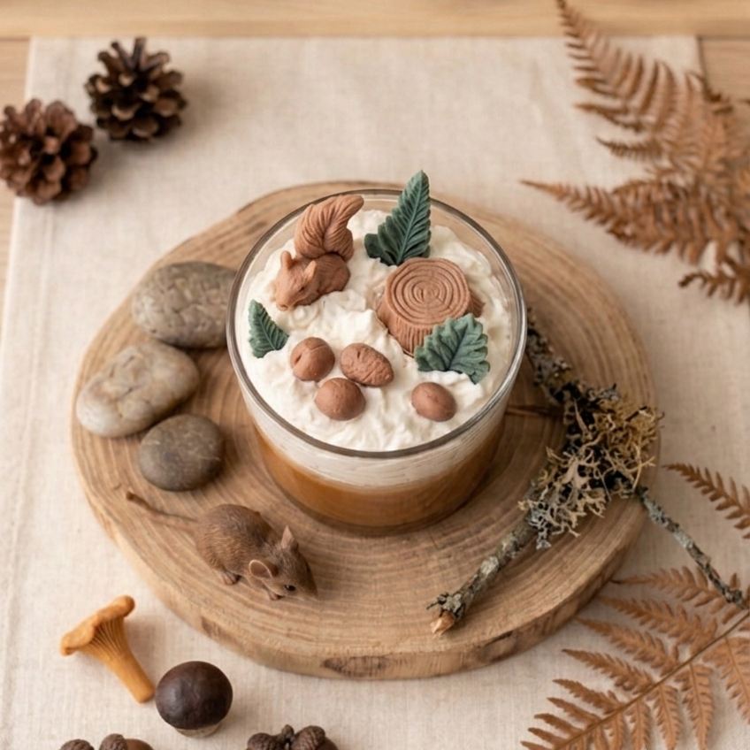 Eine handgegossene Kerze im Glas, verziert mit detailreichen Wachsfiguren (Eichhörnchen, Baumstumpf, Farnblätter, Haselnüsse) auf cremiger Sojawachs-Sahne. Die Kerze steht auf einer rustikalen Baumscheibe, umgeben von Herbstdeko wie Kieselsteinen, Moosästchen, getrocknetem Farn, Eicheln und Pilzen. Im Hintergrund ist ein Holzschild mit der Aufschrift „FOREST HARVEST“ zu sehen. Warme Haselnuss-Farbgebung.