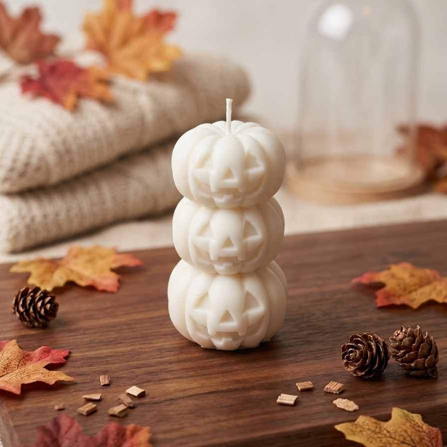 Stapel aus drei cremeweißen geschnitzten Jack-o’-Lantern-Kürbiskerzen auf einem Holzbrett. Umgeben von Herbstlaub, Tannenzapfen und Holzspänen. Im unscharfen Hintergrund ein cremefarbener Strickstapel und eine Glasglocke.