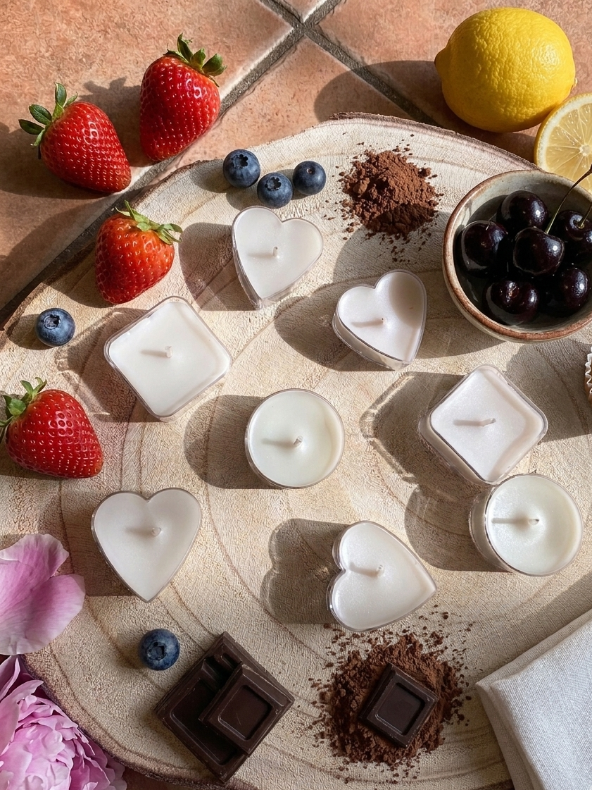Acht handgegossene Mini-Duftkerzen in Herz-, Kreis- und Quadratform auf einer hellen Holzscheibe. Umgeben von dekorativen Elementen der Duftrichtungen: frische Erdbeeren, Blaubeeren, Zitronen, dunkle Kirschen, Schokoladenstücke, eine Vanilleschote, ein kleiner Muffin, Pfingstrosenblüten und weißes Leinen auf einem warmen Fliesenboden im Sonnenlicht.