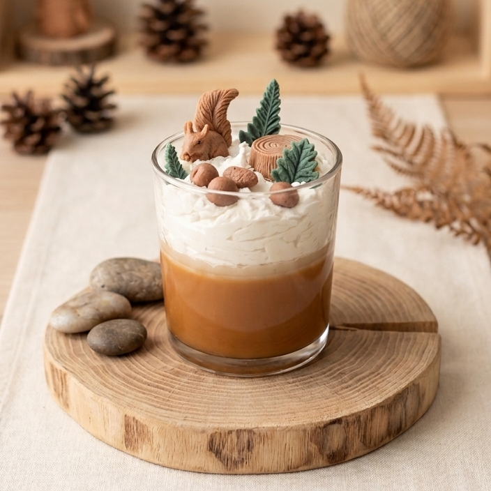 Eine frontal aufgenommene Duftkerze im Glas, die die zweifarbige Schichtung (braunes Basiswachs und weißes Topping) deutlich zeigt. Das Sahnetopping ist liebevoll dekoriert mit Wachsfiguren eines Eichhörnchens, Farnblättern und Haselnüssen. Die Kerze steht auf einer Baumscheibe, links liegen drei graue Kieselsteine. Der Hintergrund ist weichgezeichnet (Bokeh) und zeigt ein helles Holzregal mit herbstlicher Dekoration.