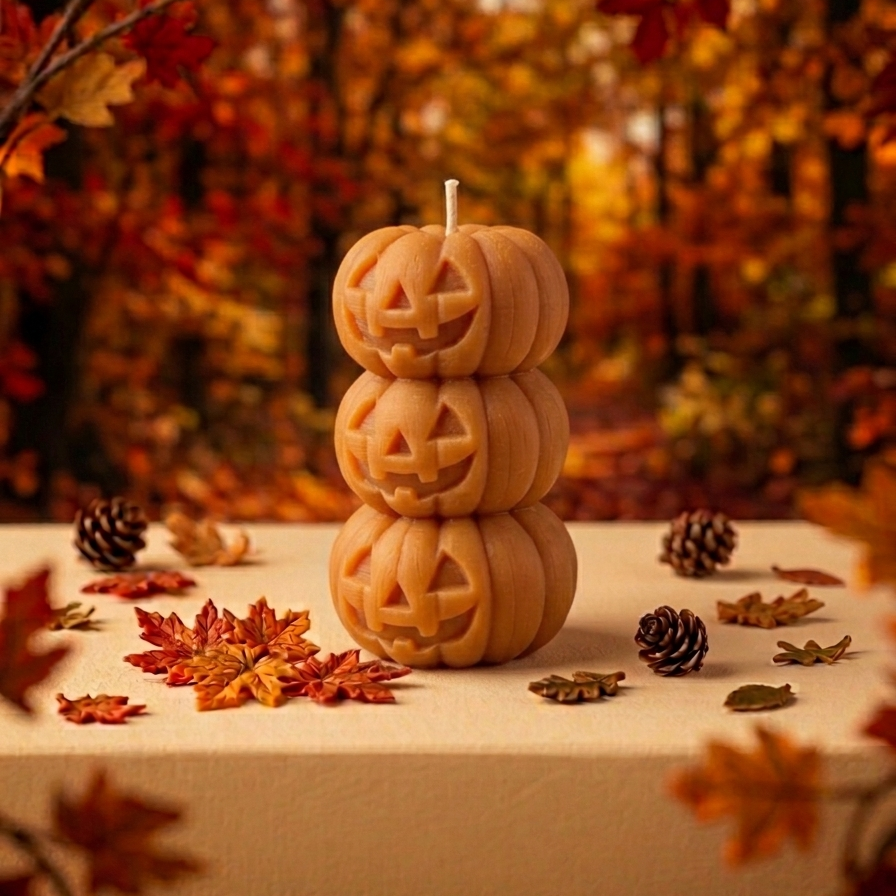 Kerze in Form eines sauberen Stapels aus drei geschnitzten Jack-o’-Lantern-Kürbissen in Orange. Platziert auf einer hellen Steinplatte, umgeben von Herbstlaub und Zapfen. Im Hintergrund ein unscharfer Herbstwald.