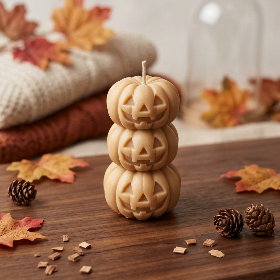 Stapel aus drei beigefarbenen geschnitzten Jack-o’-Lantern-Kürbiskerzen auf einem Holzbrett, umgeben von herbstlicher Dekoration wie Laub, Tannenzapfen und Holzspänen.