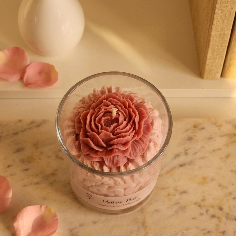 Draufsicht auf die geöffnete Melina Rose Sojawachskerze im Glas von LichtleinLiebe. Man blickt direkt auf den zentralen Docht und die aufwändig geformte, rosa Wachs-Blumen-Skulptur. Die Kerze steht auf einem dunklen Holztisch.